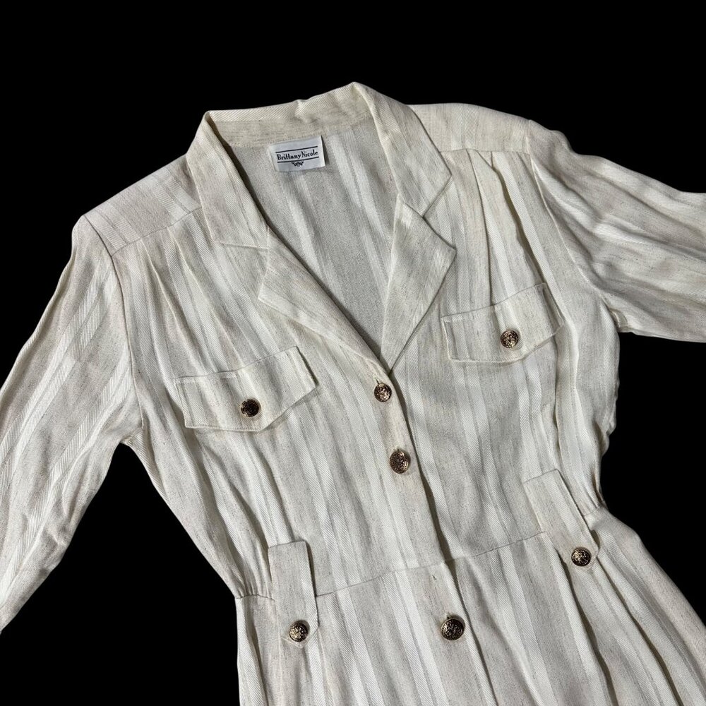 Vintage Cream Beige Dress Button Down Striped 1980s Brittany Nicole USA 13/14